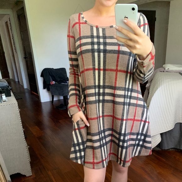 Lovely J Dresses & Skirts - Lovely J Burberry Print Plaid Brown Dress